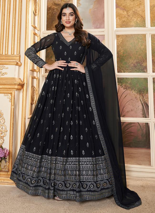 Faux Georgette Navy Blue Wedding Wear Metalic Foil Printed Gown With Dupatta